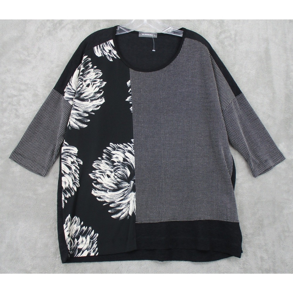 ALEMBIKA Blouse Womens Medium Floral Boxy Art to Wear Tunic Patchwork Artsy Knit